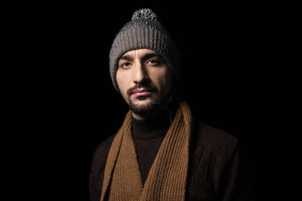 Guy Hat Scarf Black Background Portrait Guy Warm Clothes Knitted — Stock Photo, Image