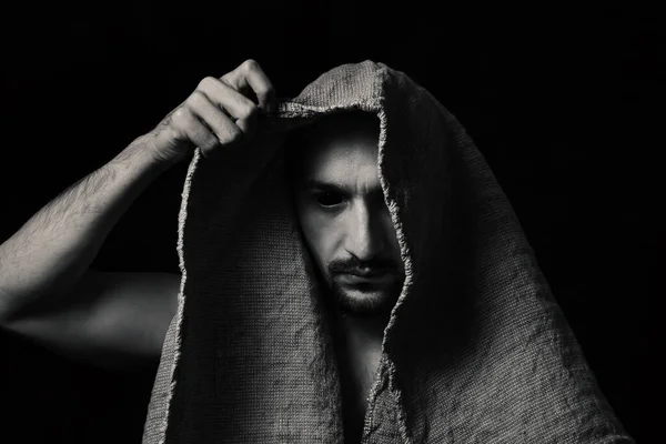 Retrato Masculino Estilo Horror Retrato Masculino Preto Branco Sobre Fundo — Fotografia de Stock