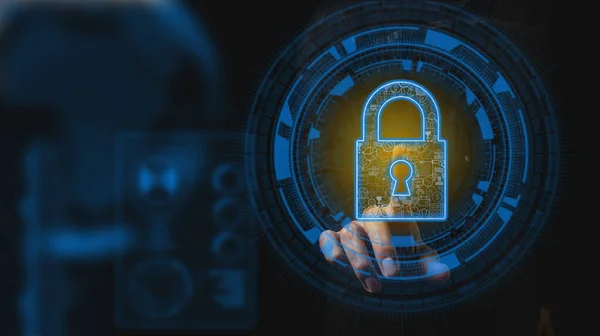 Businessman Chooses Padlock Icon Cybersecurity Privacy Concepts Protect Data Lock — Fotografia de Stock