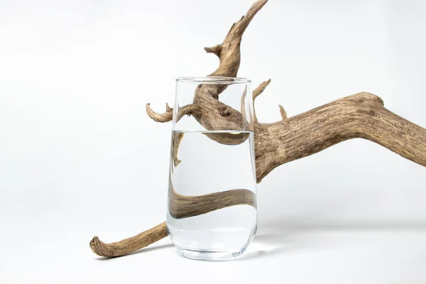 Glas Schoon Drinkwater Een Witte Achtergrond Droge Tak Naast Een — Stockfoto