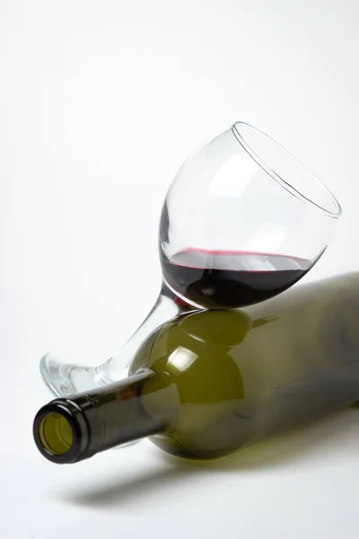Glass Red Wine Empty Bottle White Background Excessive Alcohol Consumption — 스톡 사진
