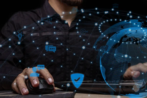  Müşteri ağı yapısının küreselliği, veri alışverişi bağlantıları, dijital pazarlama, iletişim ağı ve İnternet işi kavramı.