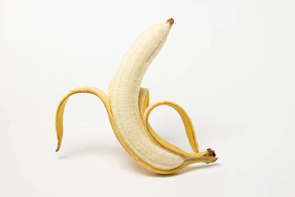 Banana White Background Half Peeled Banana Tropical Fruit — Zdjęcie stockowe