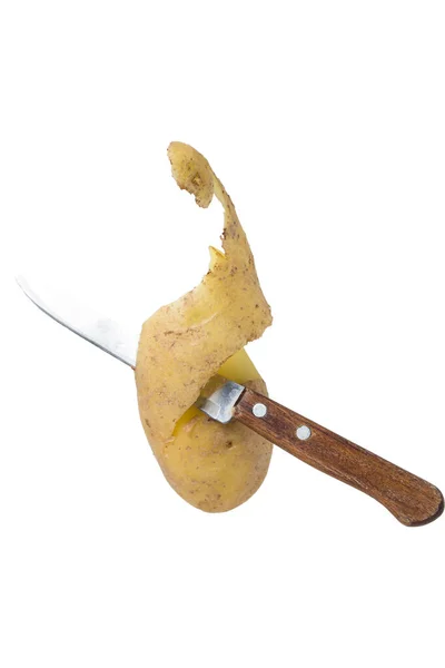 Knife Peeled Potatoes White Background Cleaning Potatoes Raw Potatoes — Stock fotografie