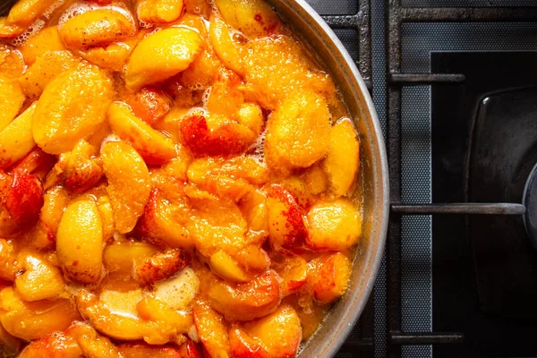 Preparation Apricot Jam Pieces Apricots Syrup Sweet Fruit Dessert — Stock Photo, Image