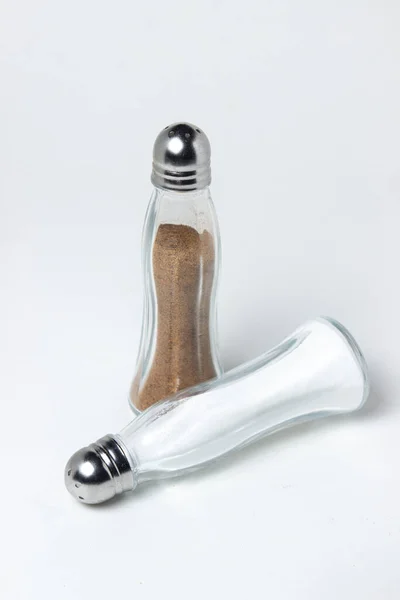 Salt Pepper Shaker White Background Glass Transparent Salt Shakers — Stock Photo, Image