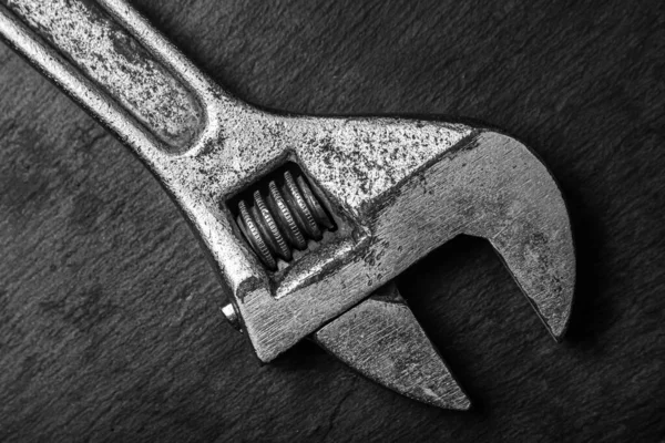 Old Adjustable Wrench Black Background Black White Photograph Working Tool — Stockfoto