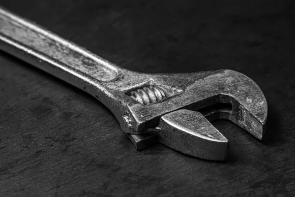 Old Adjustable Wrench Black Background Black White Photograph Working Tool — Stockfoto