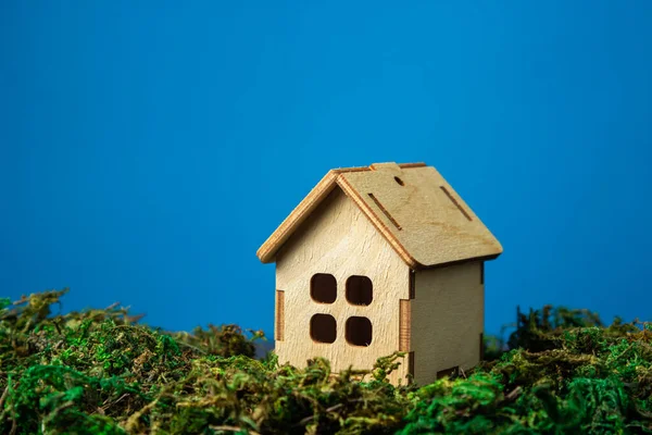 The concept of real estate services. Purchase of a private country house. Small wooden house on the grass on a blue background