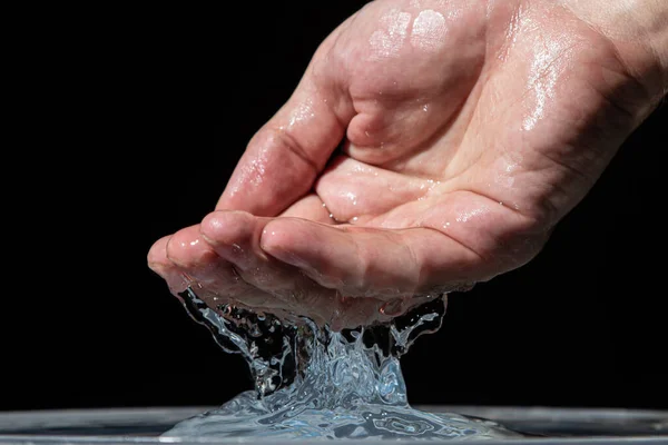 Water Pours Hand Surface Water Black Background Clean Drinking Water — Fotografia de Stock