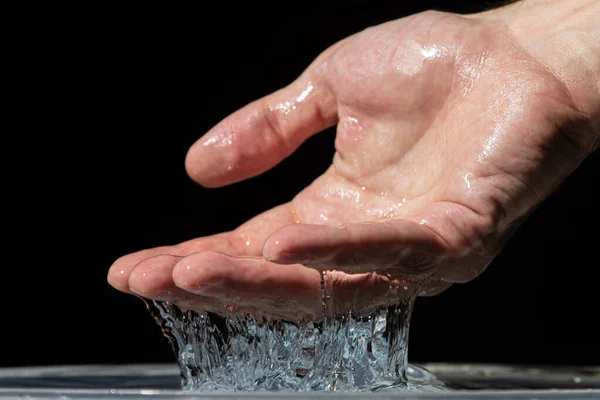 Water Pours Hand Surface Water Black Background Clean Drinking Water — Fotografia de Stock