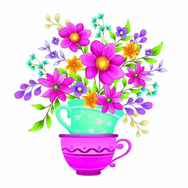 Elegant Bukett Blommor Kopp Dekorativ Teckning Illustration För Vykort Stockfoto