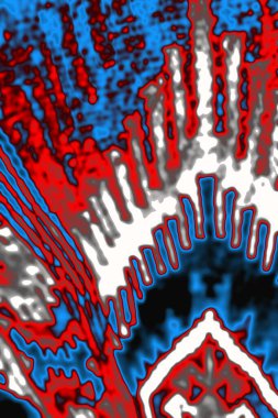 Mavi ve kırmızı noktalardan oluşan parlak desenli soyut bir arkaplan