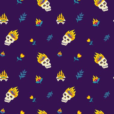 Yanan kafatasları, dalları, şenlik ateşleri ve koyu mor arka planda fantezi tarzında çiçeklerle kusursuz bir desen.