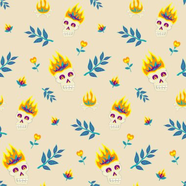 Yanan kafatasları, dalları, şenlik ateşleri ve açık bej arka planda fantezi tarzı çiçeklerle kusursuz bir desen.