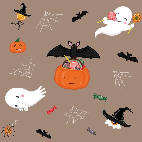 Halloween seamless pattern with ghosts, bats, pumpkins and sweets on brown background — Stock Vector