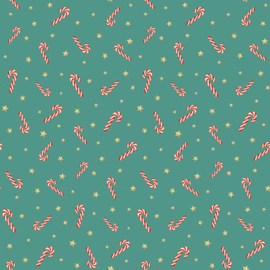 Mavi arka planda noel şekerleri ve altın yıldızlarla kusursuz bir desen.