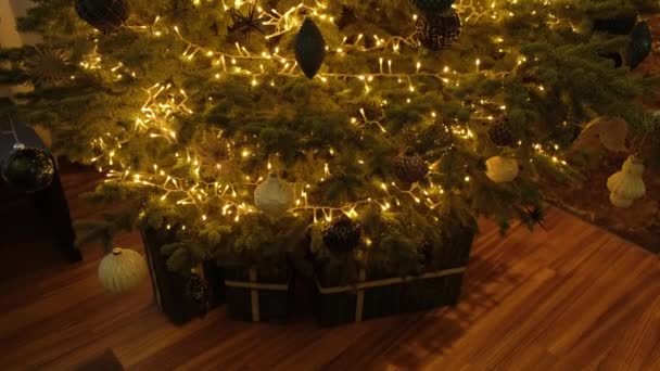 Close up of a Christmas tree decorated with balls and a gifts under it. — Stock Video