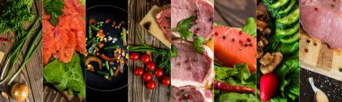 Yemek kolajı. Çeşitli yiyecekler. Lezzetli bir karışım. Et, balık, sebze yemekleri.. 