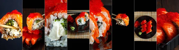 Sushi Kollázs Sokféle Sushi Finom Választék Népszerű Japán Étel — Stock Fotó