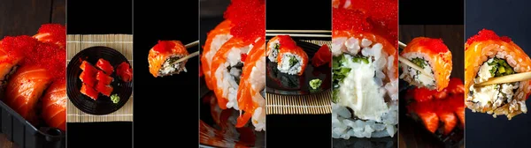 Collage Sushi Una Varietà Sushi Delizioso Assortimento Cibo Giapponese Popolare — Foto Stock