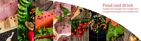 Kolaż Spożywczy Różne Jedzenie Pyszny Asortyment Mięso Ryby Dania Warzyw — Zdjęcie stockowe