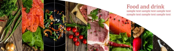 Voedselcollage Gevarieerd Voedsel Heerlijk Assortiment Vlees Vis Groentegerechten Kopieerruimte — Stockfoto