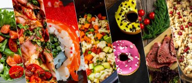 Various food collage. Cuisine of different countries. Western and eastern dishes. 