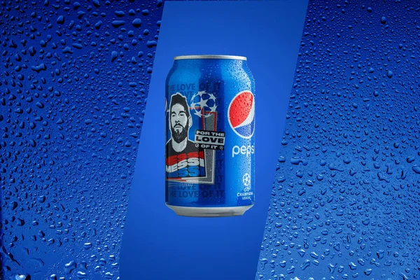 Zaporozhye Ukrajina Prosince 2021 330Ml Plechovka Pepsi Plechovka Portrétem Lionela — Stock fotografie