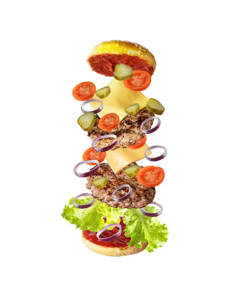 Fliegender Burger Mit Zwei Schnitzeln Schwebende Burger Zutaten Isoliert Auf — Stockfoto