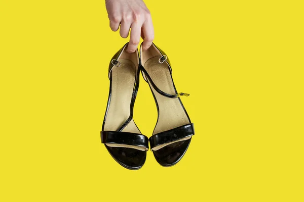 Stylish Sandals High Heels Girl Holding Sandals Yellow Background — Stockfoto