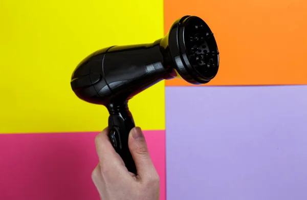 Fashionable Bright Trendy Colors Woman Hand Holds Hair Dryer Next — Photo