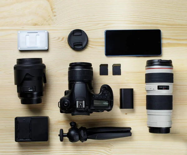 Flat Lay Composition Equipment Professional Photographer Table — Photo