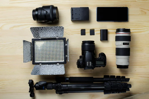 Flat Lay Composition Equipment Professional Photographer Table — Photo