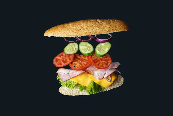 Flying Sandwich Bread Ham Tomato Onion Lettuce Isolated Gray — Photo