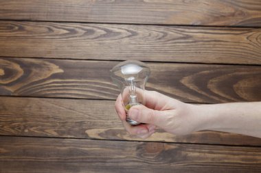 Ahşap bir arka planda elinde ampul.