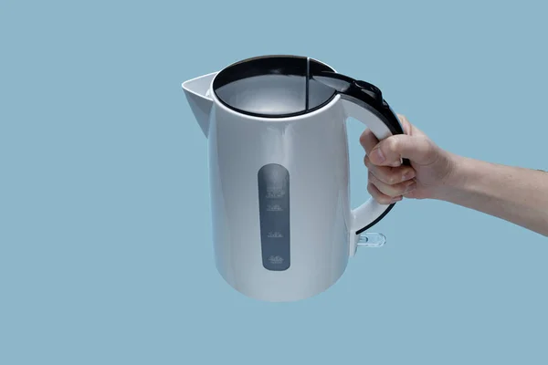 Girl Holding Electric Kettle Blue Background — Stock Photo, Image