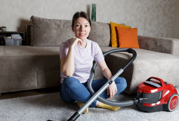 House Cleaning Concept Girl Sits Floor Vacuum Cleaner — Foto de Stock