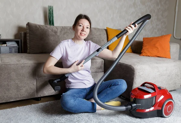 House Cleaning Concept Girl Sits Floor Vacuum Cleaner Girl Plays — Stok fotoğraf