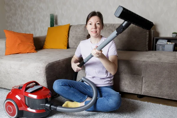 House Cleaning Concept Girl Sits Floor Vacuum Cleaner Cleaning Storm — Stockfoto