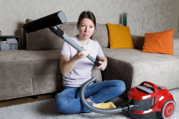 House Cleaning Concept Girl Sits Floor Vacuum Cleaner Cleaning Storm — Foto de Stock