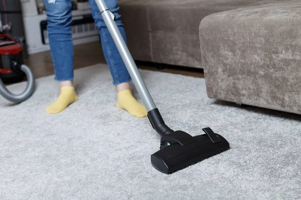 Girl Blue Jeans Vacuums Carpet House Cleaning — Fotografia de Stock