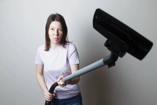 Home Cleaning Concept Beautiful Girl Vacuums —  Fotos de Stock