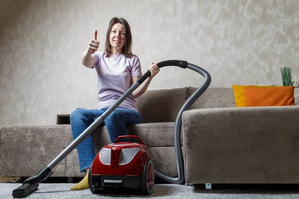 House Cleaning Concept Vacuum Cleaner Carpet Next Sofa Modern Interior — Φωτογραφία Αρχείου