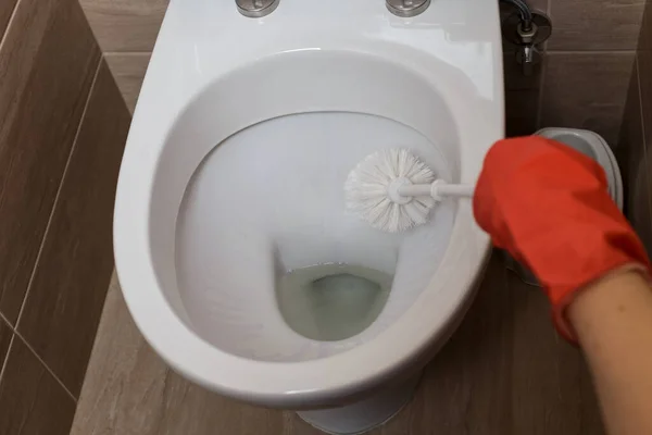 Home Cleaning Concept Toilet Cleaning Girl Red Gloves Cleans Toilet — Φωτογραφία Αρχείου