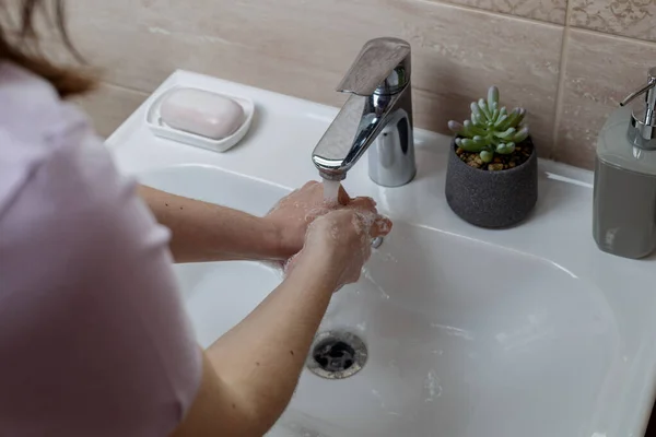 Hand Washing Girl Washes Her Hands Modern Bathroom Interior — Φωτογραφία Αρχείου