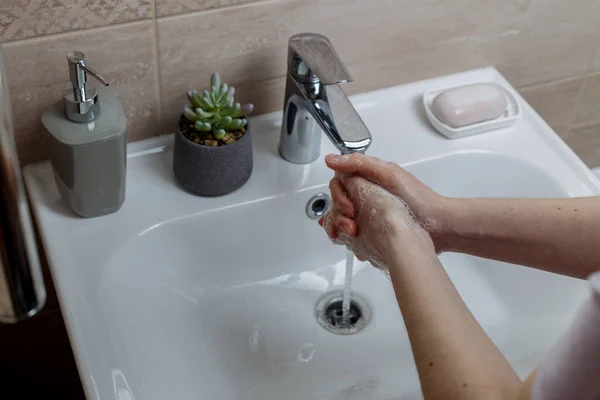 Hand Washing Girl Washes Her Hands Modern Bathroom Interior — Stok fotoğraf