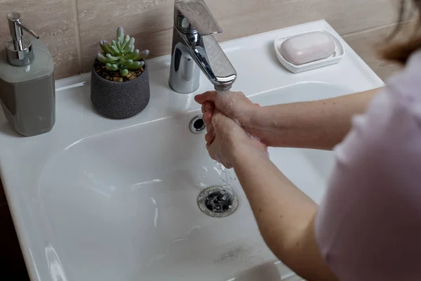 Hand Washing Girl Washes Her Hands Modern Bathroom Interior — Stock Photo, Image