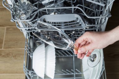 Kız bulaşık makinesinden sonra bulaşıkların kalitesini kontrol ediyor. Bulaşık makinesinin arkasında bir bardak şarap tutan kız.