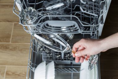 Kız bulaşık makinesinden sonra bulaşıkların kalitesini kontrol ediyor. Bulaşık makinesinin arkasında bir bardak şarap tutan kız.